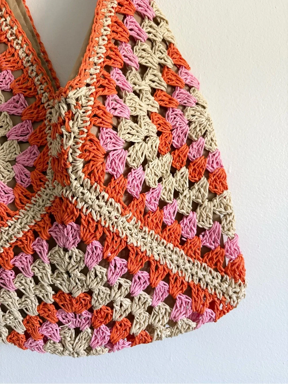 Straw Crochet Granny Square Shoulder Bag